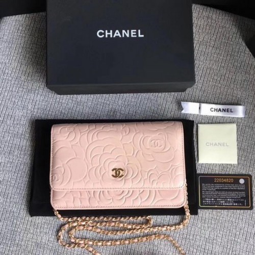 Chanel WOC Mini borsa con patta in pelle rosa camelia A33814 oro