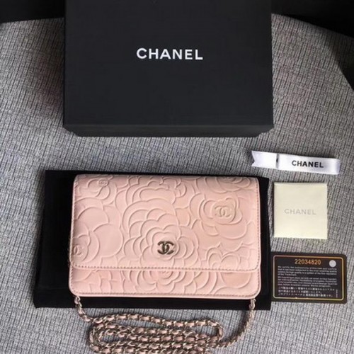 Chanel WOC Mini borsa con patta in pelle rosa camelia A33814 argento