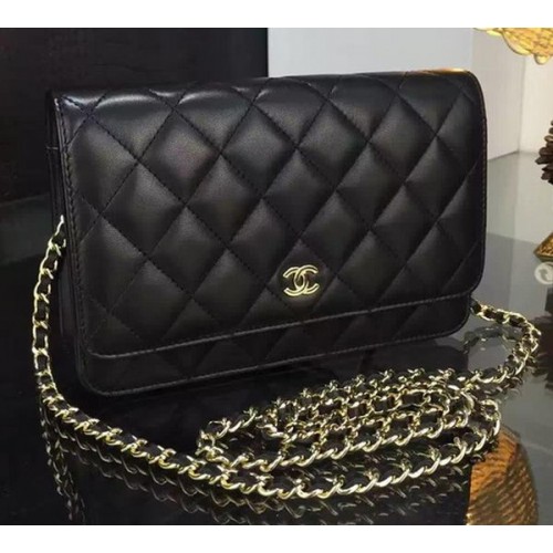 Chanel WOC mini borsa con patta in pelle di pecora nera A5373 oro
