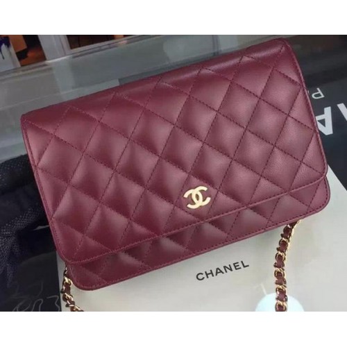Chanel WOC mini borsa con patta pelle di pecora bordeaux A5373 oro