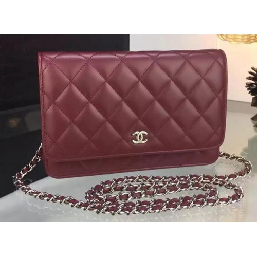 Chanel WOC mini borsa con patta pelle di pecora bordeaux A5373 argento