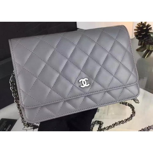 Chanel WOC mini borsa con patta grigia pelle di pecora A5373 argento