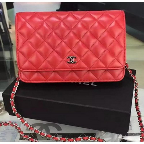 Chanel WOC mini borsa con patta pelle di pecora rossa A5373 argento