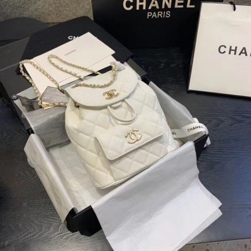 Zaino Chanel Pelle di vitello granulata metallo tonalità oro AS1371 bianco