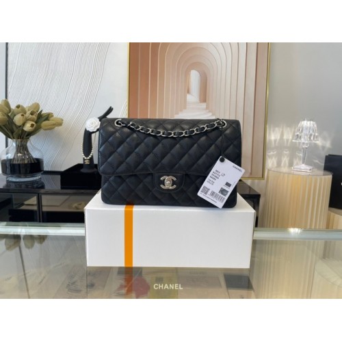 Borsa classica Chanel Pelle di vitello granulata e metallo argento 01112 nera