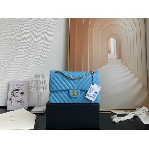 Borsa classica Chanel Pelle di agnello oro Metallo V01112 azzurro cielo