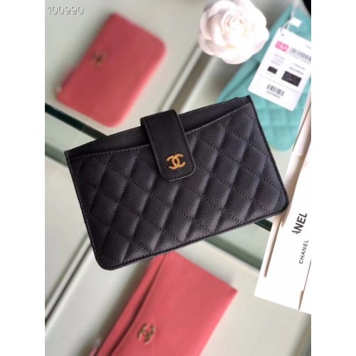 Borsa classica Chanel in pelle di vitello granulata in metallo color oro A81902 nera