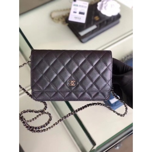 Portafoglio classico Chanel con catena Pelle di vitello granulata Metallo tono argento 33814 Nero perlato