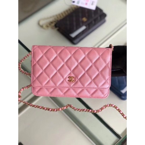 Portafoglio classico Chanel con catena Pelle di vitello granulata metallo tono oro 33814 rosa perlato