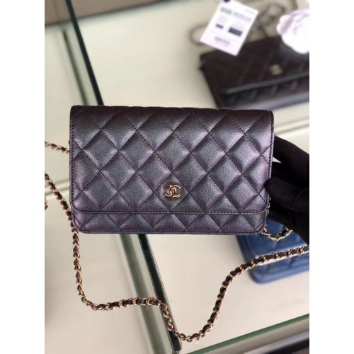 Portafoglio classico Chanel con catena Pelle di vitello granulata metallo tono oro 33814 Nero perlato