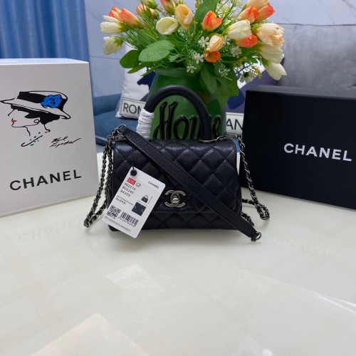 Borsa Chanel Coco mini patta con manico superiore AS2215 nero e metallo tono argento