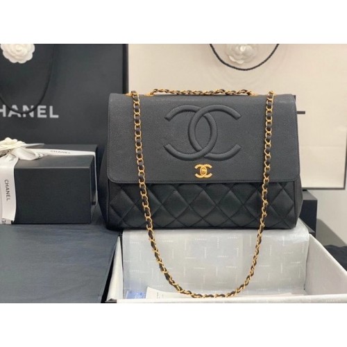 Borsa con patta Chanel Pelle di vitello granulata Metallo tonalità oro A92233 nera