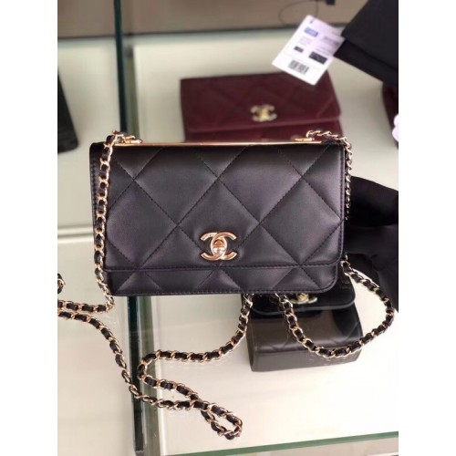 Borsa con patta Chanel in pelle di agnello in metallo dorato 3798 nera