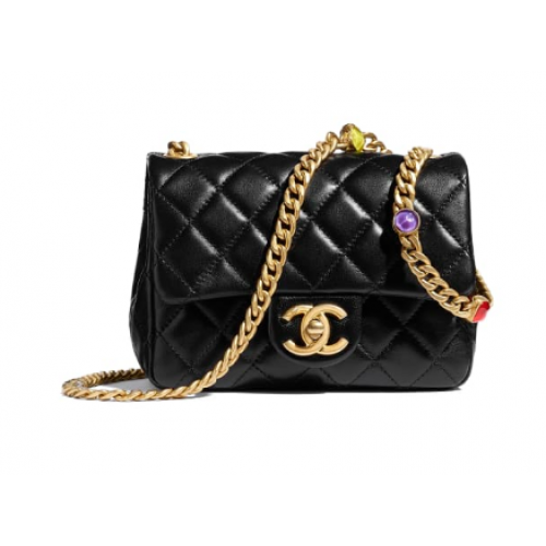 Borsa con patta Chanel Resina di pelle di agnello Metallo tono oro AS2379 Nero