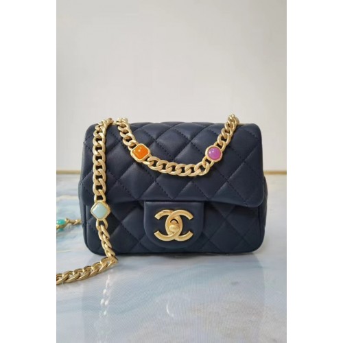 Borsa con patta Chanel Resina di pelle di agnello Metallo tono oro AS2379 blu scuro
