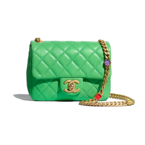 Borsa con patta Chanel Pelle di agnello Resina Metallo tono oro AS2379 verde