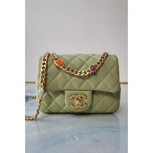 Borsa con patta Chanel Pelle di agnello Resina Metallo tono oro AS2379 verde chiaro