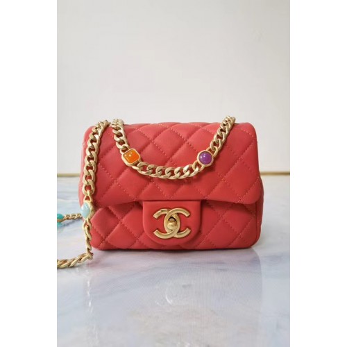 Borsa con patta Chanel Pelle di agnello Resina Metallo tono oro AS2379 rosso