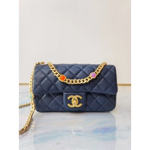 Borsa con patta Chanel Pelle di agnello Resina Metallo tono oro AS2380 Navy