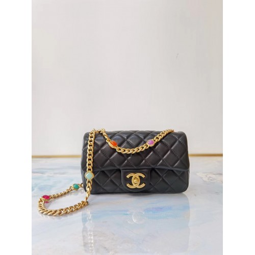 Borsa con patta Chanel Resina di pelle di agnello Metallo tono oro AS2380 nero
