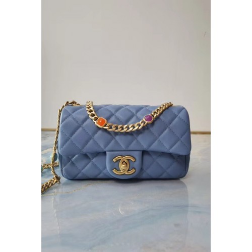 Borsa con patta Chanel Pelle di agnello Resina Metallo tono oro AS2380 azzurro
