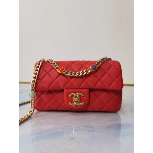 Borsa con patta Chanel Pelle di agnello Resina Metallo tono oro AS2380 rosso