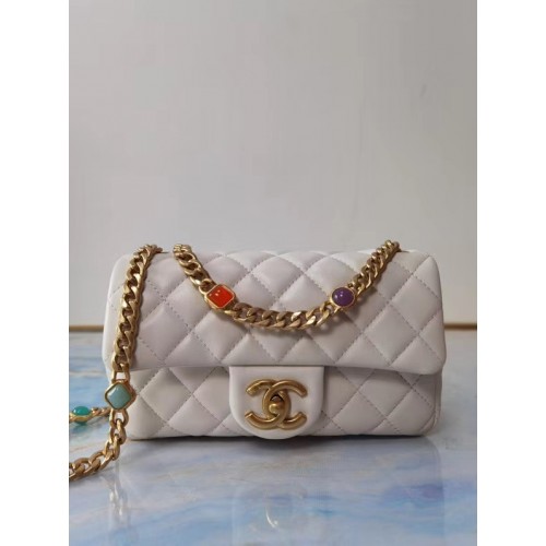 Borsa con patta Chanel Pelle di agnello Resina Metallo tono oro AS2380 bianco