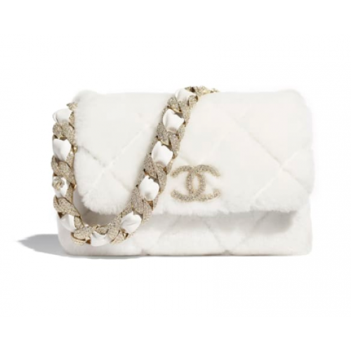 Borsa con patta Chanel Shearling Pelle di agnello Strass Metallo tono oro AS2240 Bianco