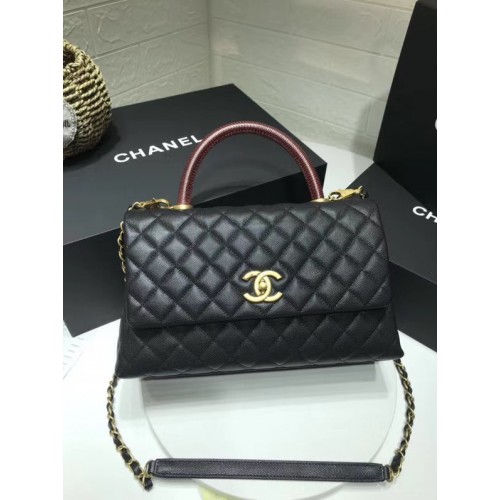 Borsa con patta Chanel con manico superiore rosso A92991 nera