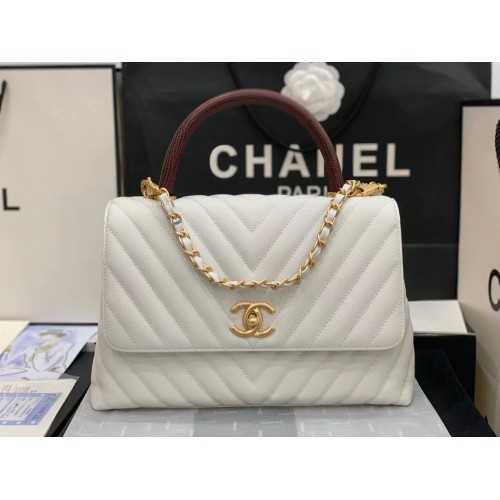 Borsa con patta Chanel con manico superiore rosso V92991 bianco