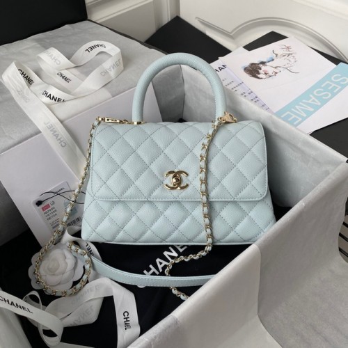 Borsa con patta Chanel con manico superiore Pelle di vitello granulata A92990 azzurro