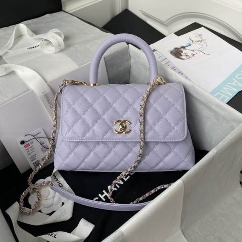 Borsa con patta Chanel con manico superiore Pelle di vitello granulata metallo tono oro A92990 viola chiaro