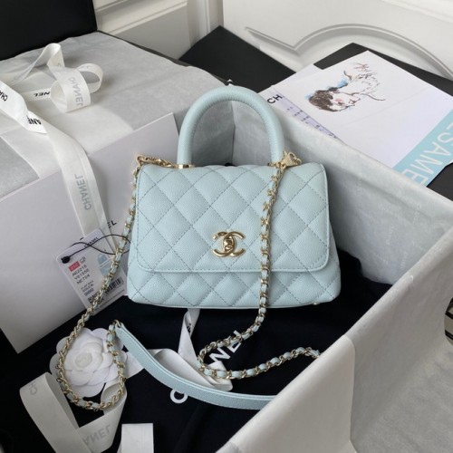 Borsa con patta Chanel con manico superiore Pelle di vitello granulata metallo tono oro AS2215 azzurro