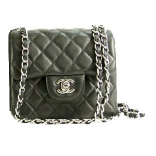 Chanel mini borsa classica con patta in pelle nera 1115 catena d'argento
