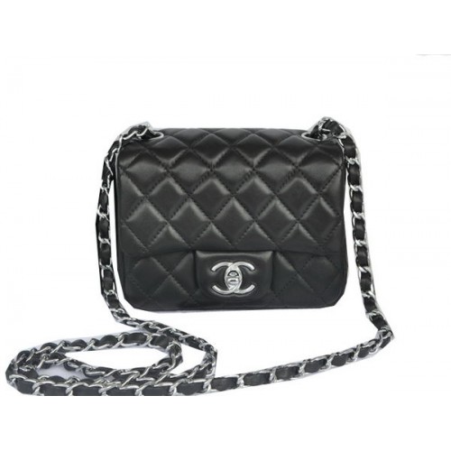 Chanel mini borsa classica con patta nera pelle di montone originale CHA1115 argento