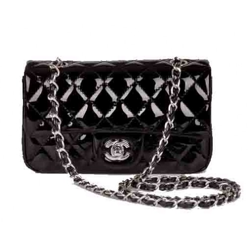 Borsa Chanel mini classica con patta in pelle verniciata nera 1117 argento