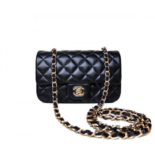 Chanel mini borsa con patta classica pelle di montone nera 1117 oro