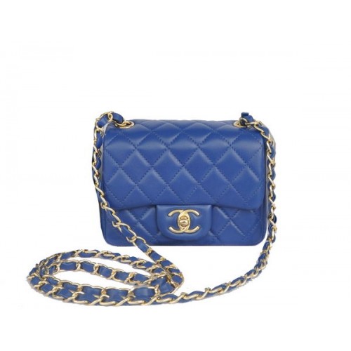 Borsa Chanel mini classica con patta blu pelle di montone originale CHA1115 oro