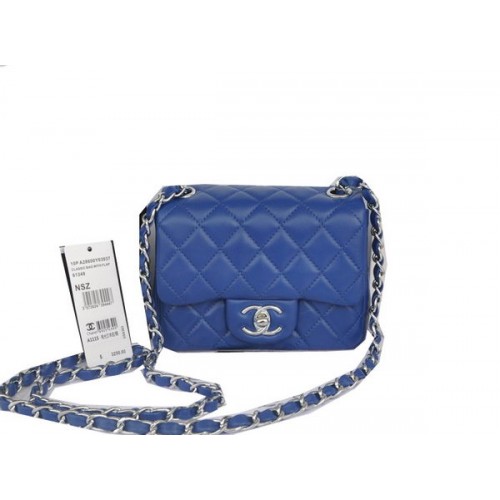 Borsa Chanel mini classica con patta blu pelle di montone originale CHA1115 argento