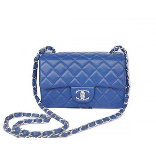 Borsa Chanel mini classica con patta blu pelle di montone originale CHA1116 argento