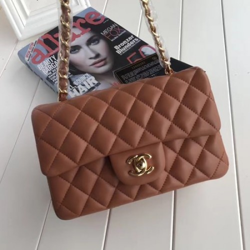 Borsa Chanel mini classica con patta marrone pelle di montone originale A1116 oro
