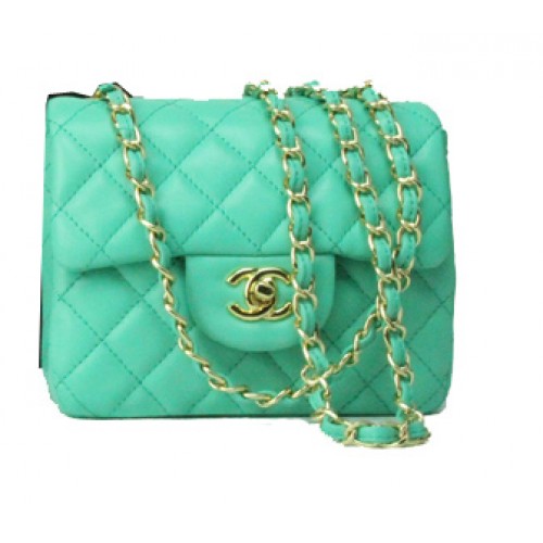 Borsa Chanel mini classica con patta in pelle verde 1115 catena d'oro