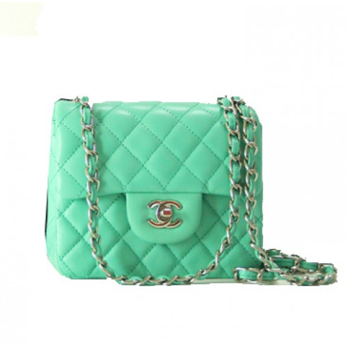 Borsa Chanel mini classica con patta in pelle verde 1115 catena d'argento