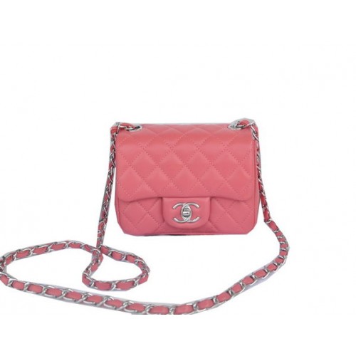 Borsa Chanel mini classica con patta rosso chiaro pelle di montone originale 1115 argento