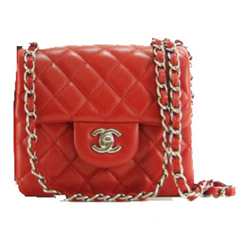 Borsa Chanel mini classica con patta in pelle rossa 1115 catena d'argento