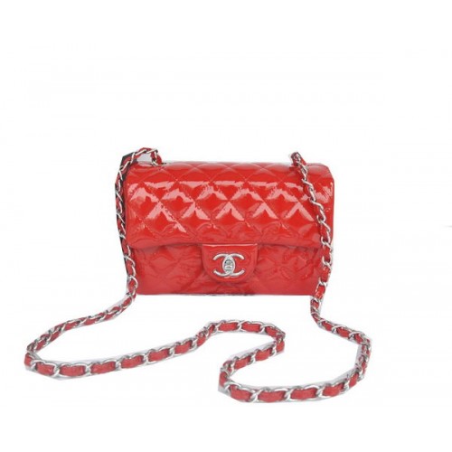 Chanel mini borsa classica con patta rossa vernice originale CHA1116 argento