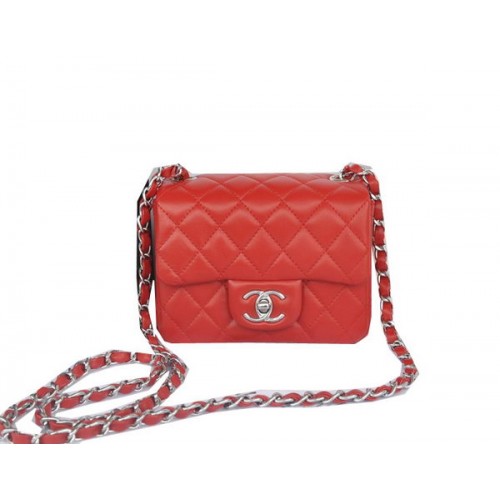 Chanel mini borsa classica con patta rossa pelle di montone originale CHA1115 argento