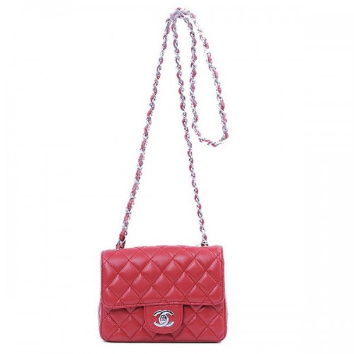 Chanel mini borsa con patta classica pelle di montone rossa 1115 argento