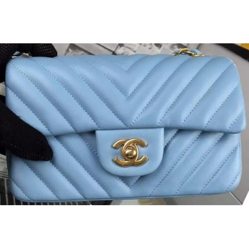 Chanel mini Classic Flap Bag SkyBlue pelle di montone originale Chevron in pelle CHA5500 oro