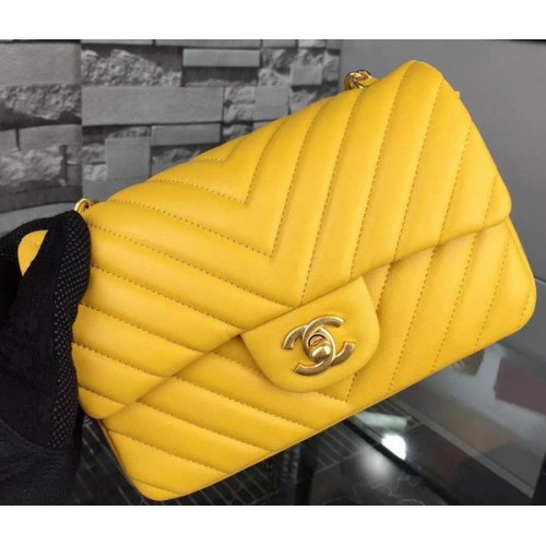 Borsa Chanel mini classica con patta gialla pelle di montone originale Chevron CHA5500 oro